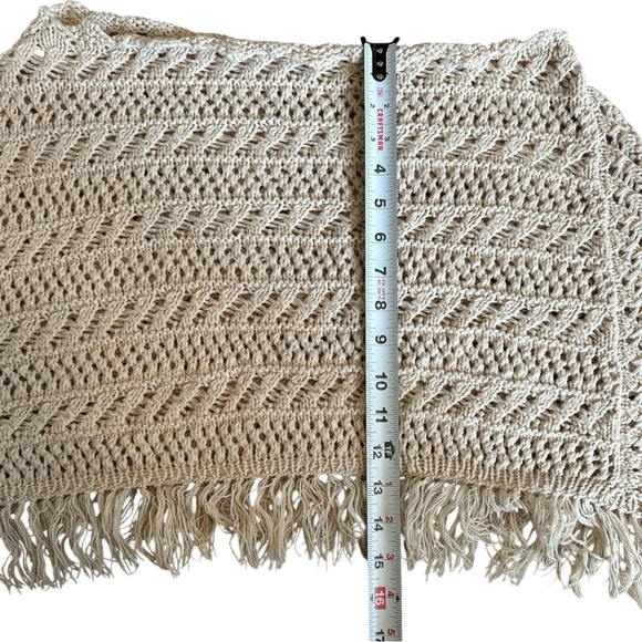 Boho Crochet Knit Fringe Cream Off Shoulder Poncho-Style Sweater | S/M - Picture 4 of 7